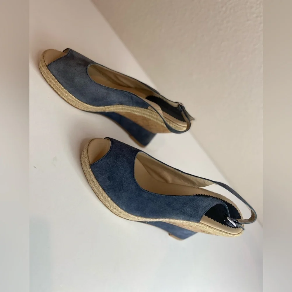 Audrey Brooke~Blue Faux Suede~Espadrille Cork Wedge~Peep Toe~Sandal~Size 8.5B